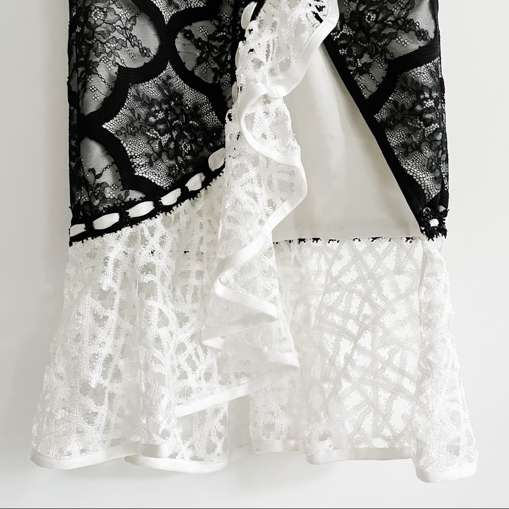 Alexis Emily Black and White Lace Ruffle Cap Sleeve Midi Dress with Side Slit XS - Picture 10 of 16